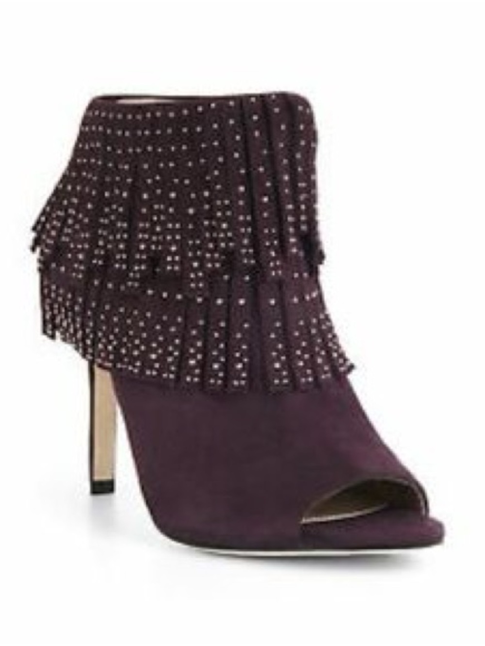 BCBGMaxAzria Plum Studded Fringe Peep-Toe Stiletto Bootie